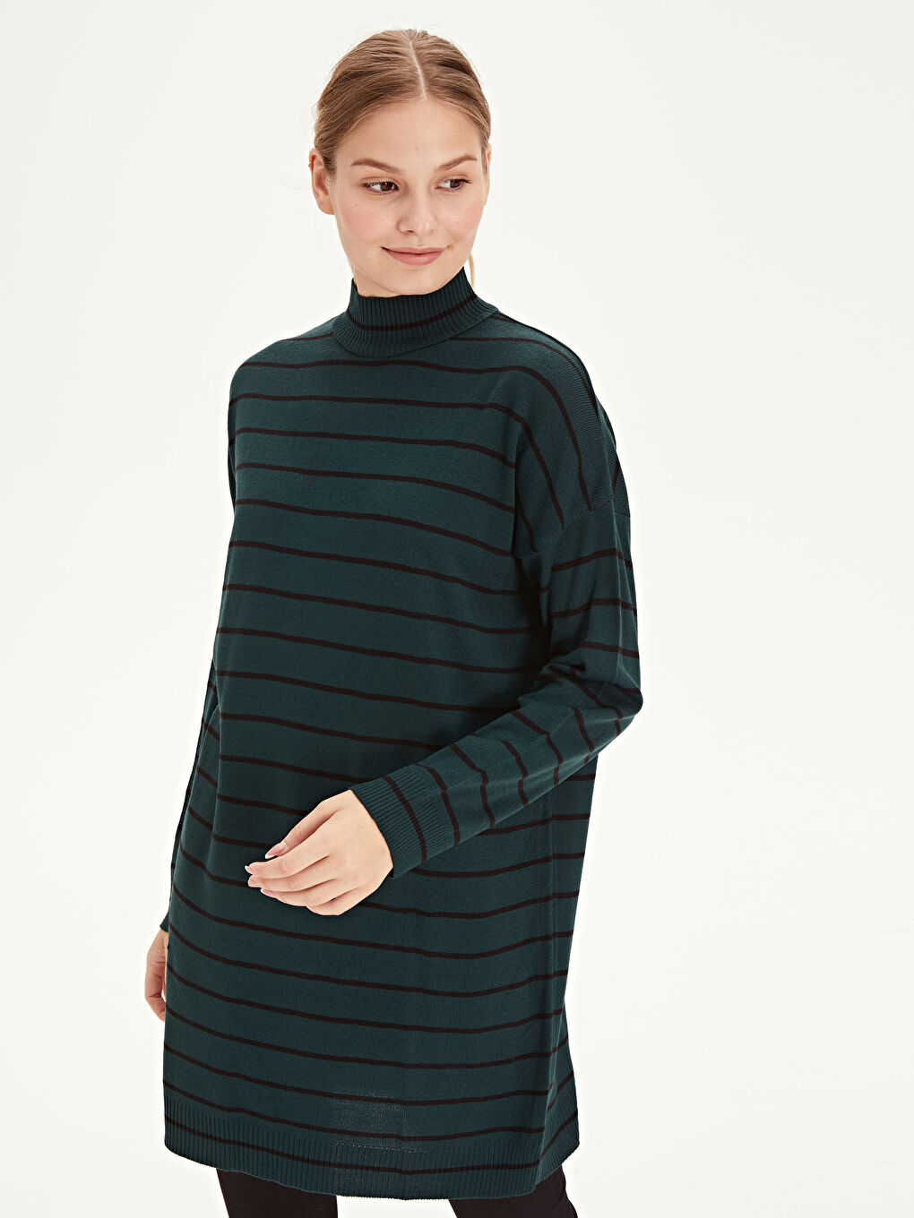 Yeşil Yarım Balıkçı Yaka Oversize Kadın Tunik-1