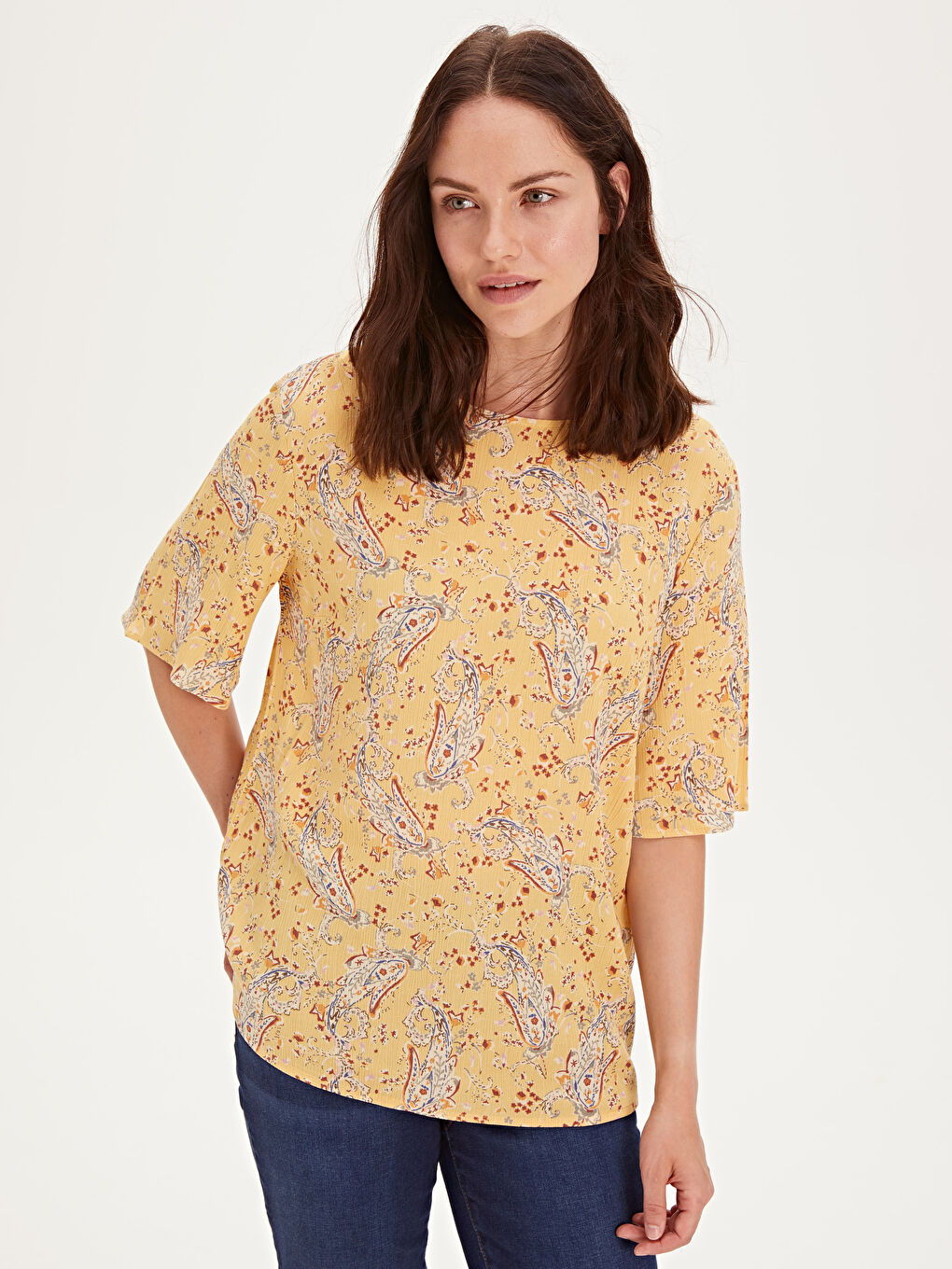 Sarı Standart Fit Kısa Kollu Kadın Bluz-1