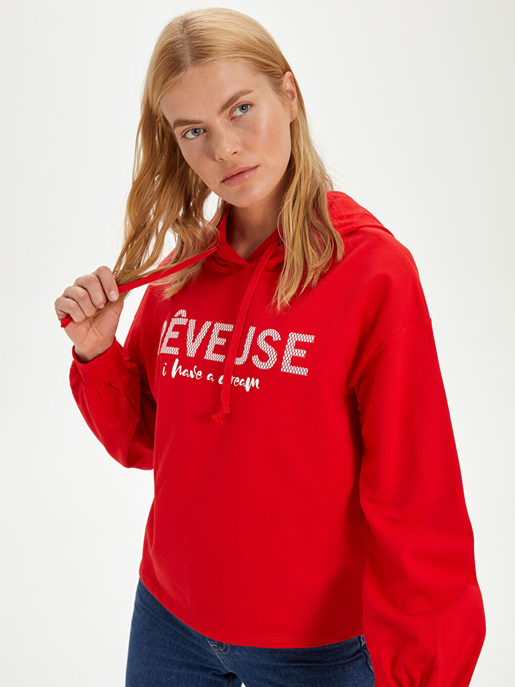 Kırmızı Kapüşonlu Sweatshirt Kumaşı Kadın Sweatshirt