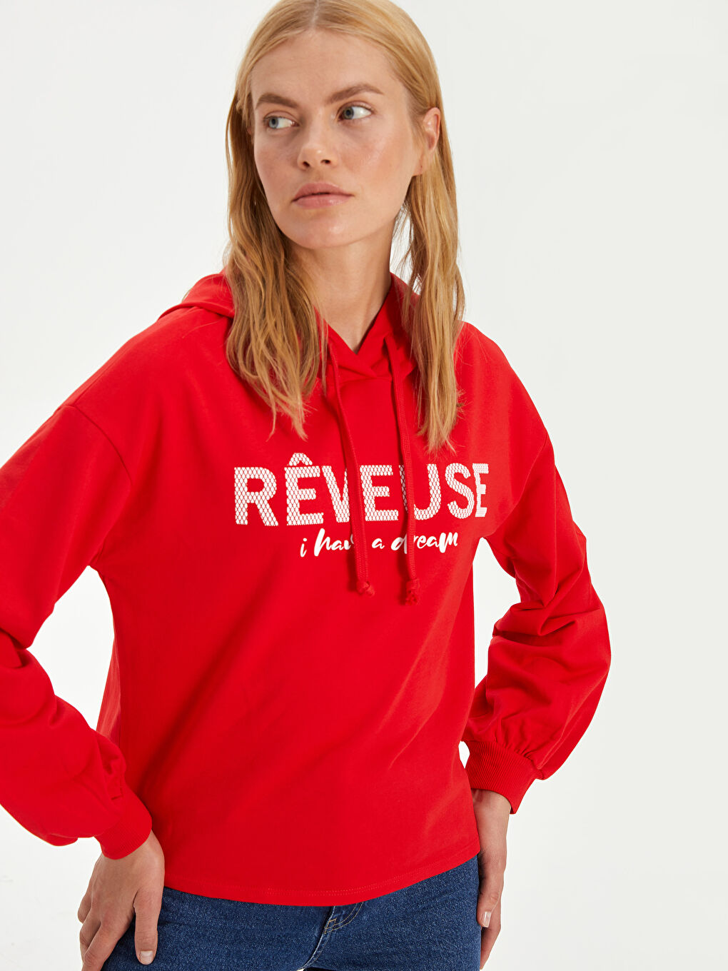 Kırmızı Kapüşonlu Sweatshirt Kumaşı Kadın Sweatshirt-1