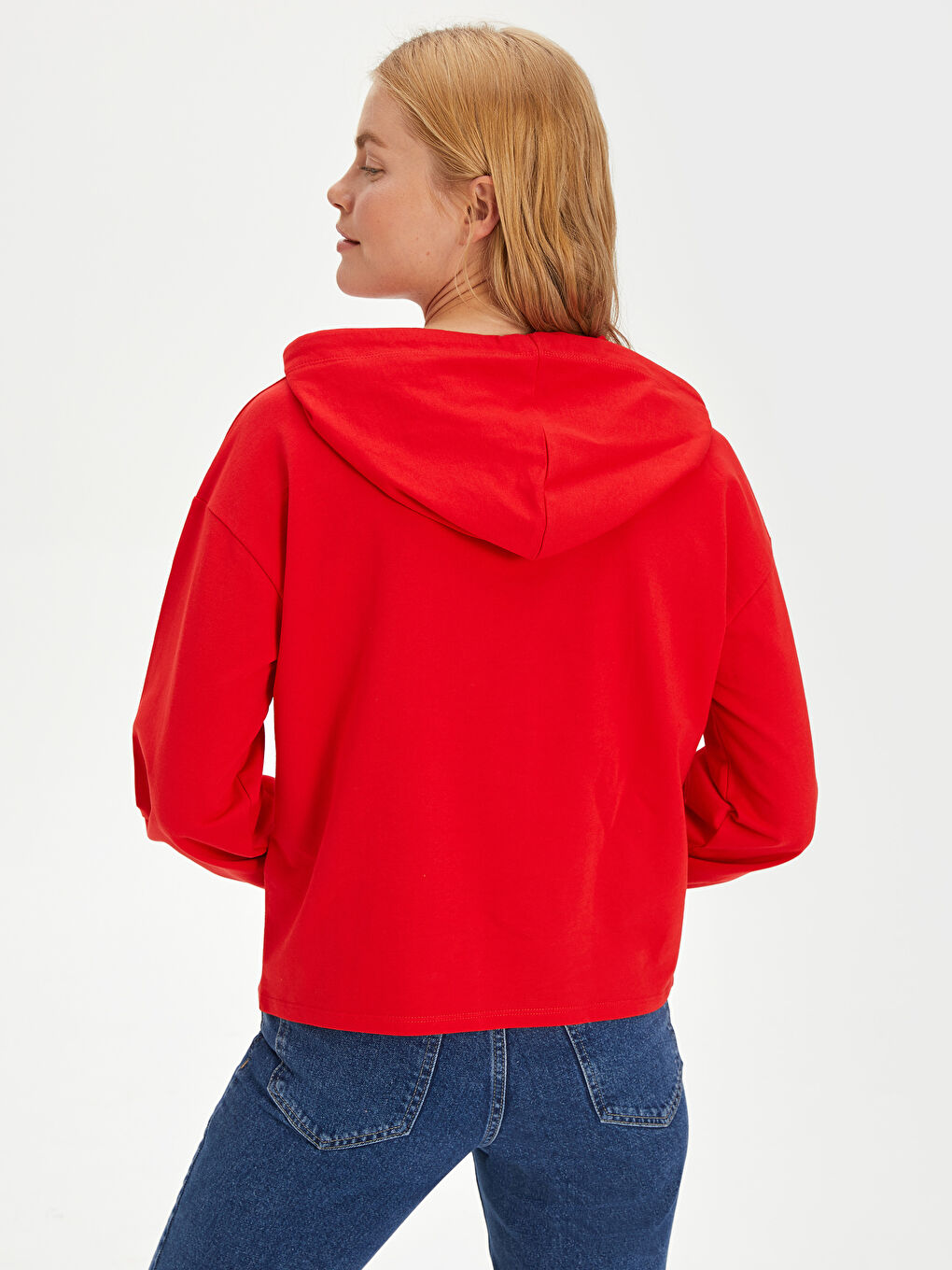 Kırmızı Kapüşonlu Sweatshirt Kumaşı Kadın Sweatshirt-2
