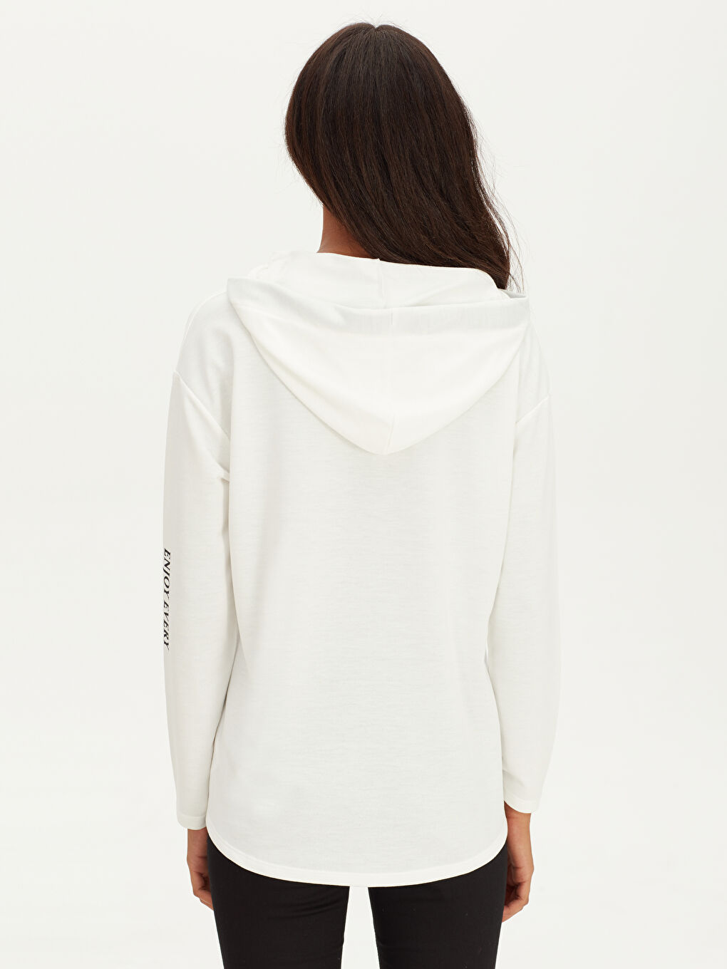 Ekru Kapüşonlu Sweatshirt Kumaşı Kadın Tişört-2