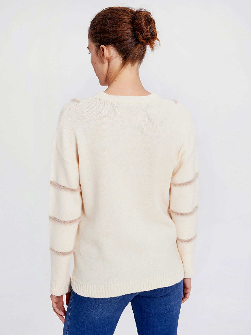 Bej Bisiklet Yaka Kareli Uzun Kollu Kadın Kazak-2