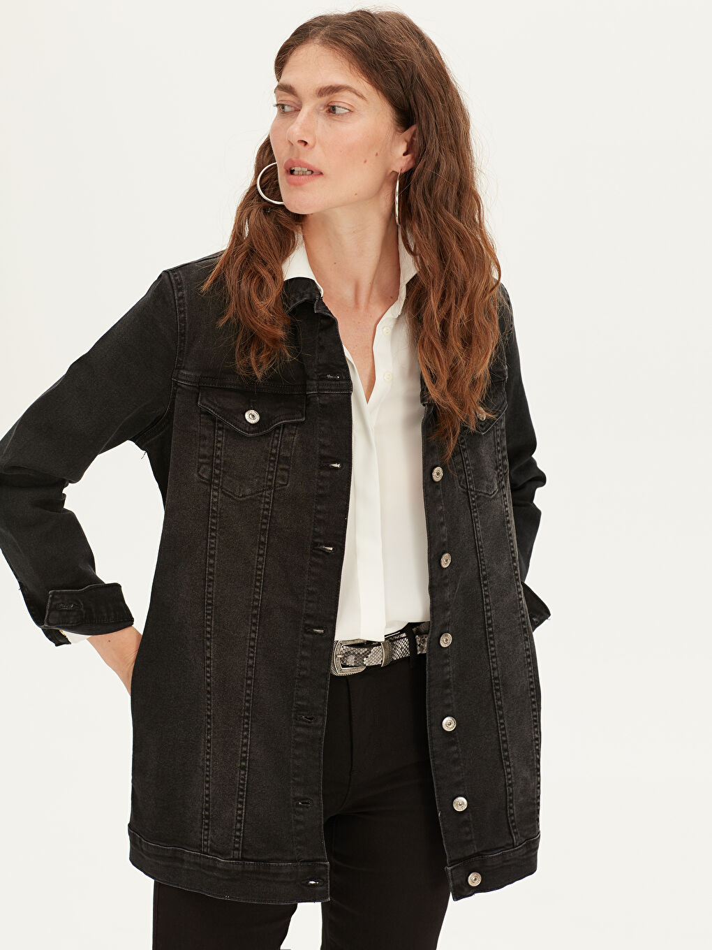 Siyah Rahat Kalıp Kadın Jean Ceket-1