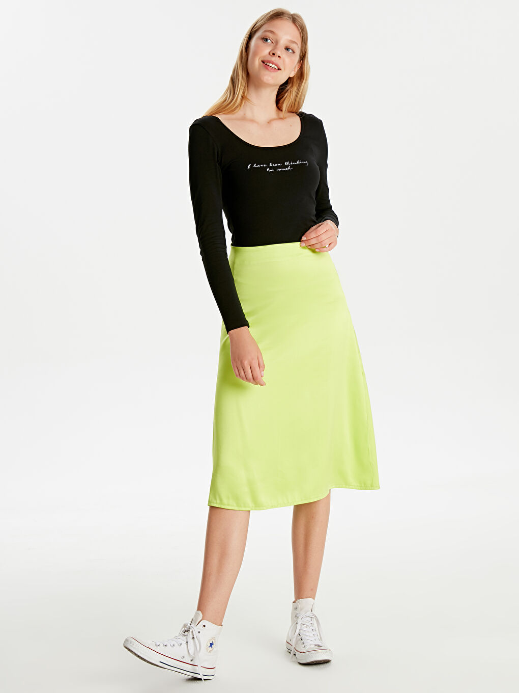 Yeşil Kadın Saten Düz Etek