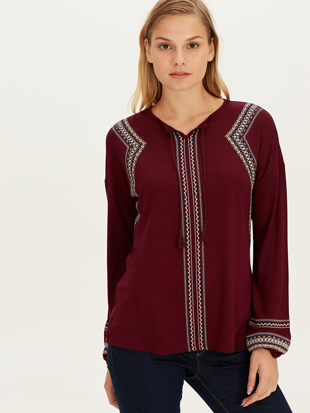 Bordo Uzun Kollu Kadın Tişört-1