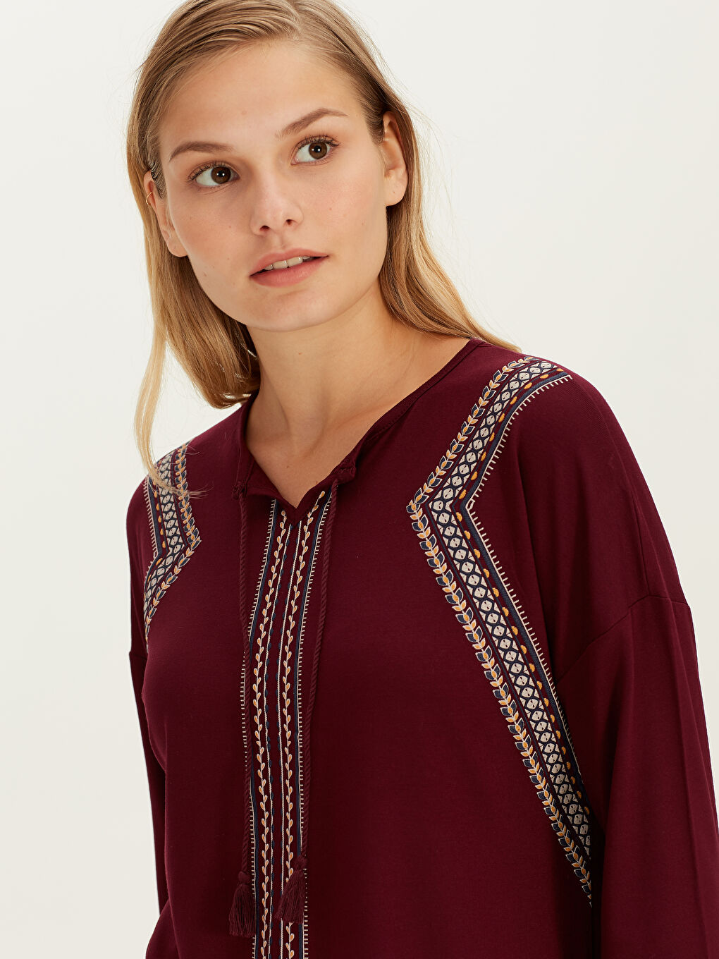 Bordo Uzun Kollu Kadın Tişört-2