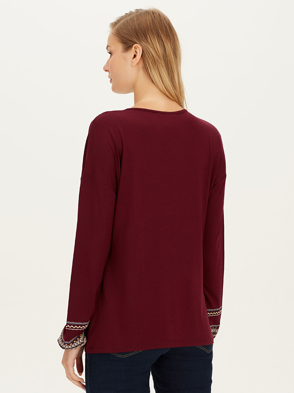 Bordo Uzun Kollu Kadın Tişört-3