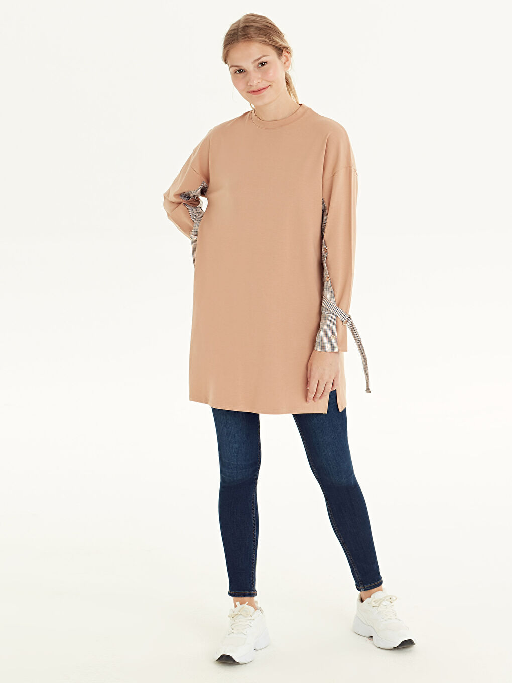 Bej Bisiklet Yaka Kadın Tunik-1