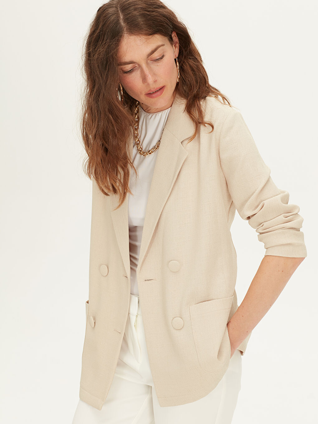 Bej Oversize Uzun Kollu Kadın Ceket-2