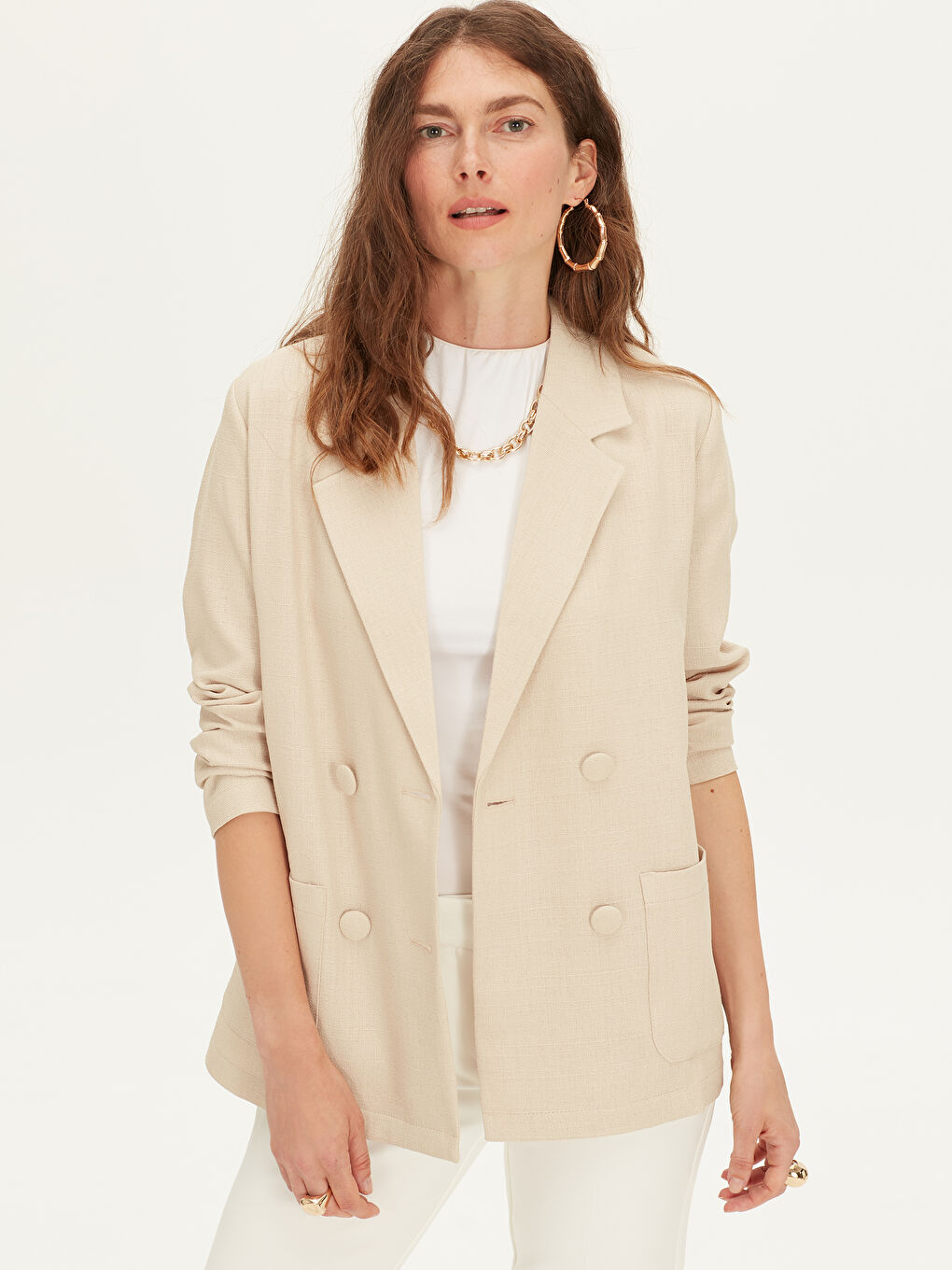 Bej Oversize Uzun Kollu Kadın Ceket-3