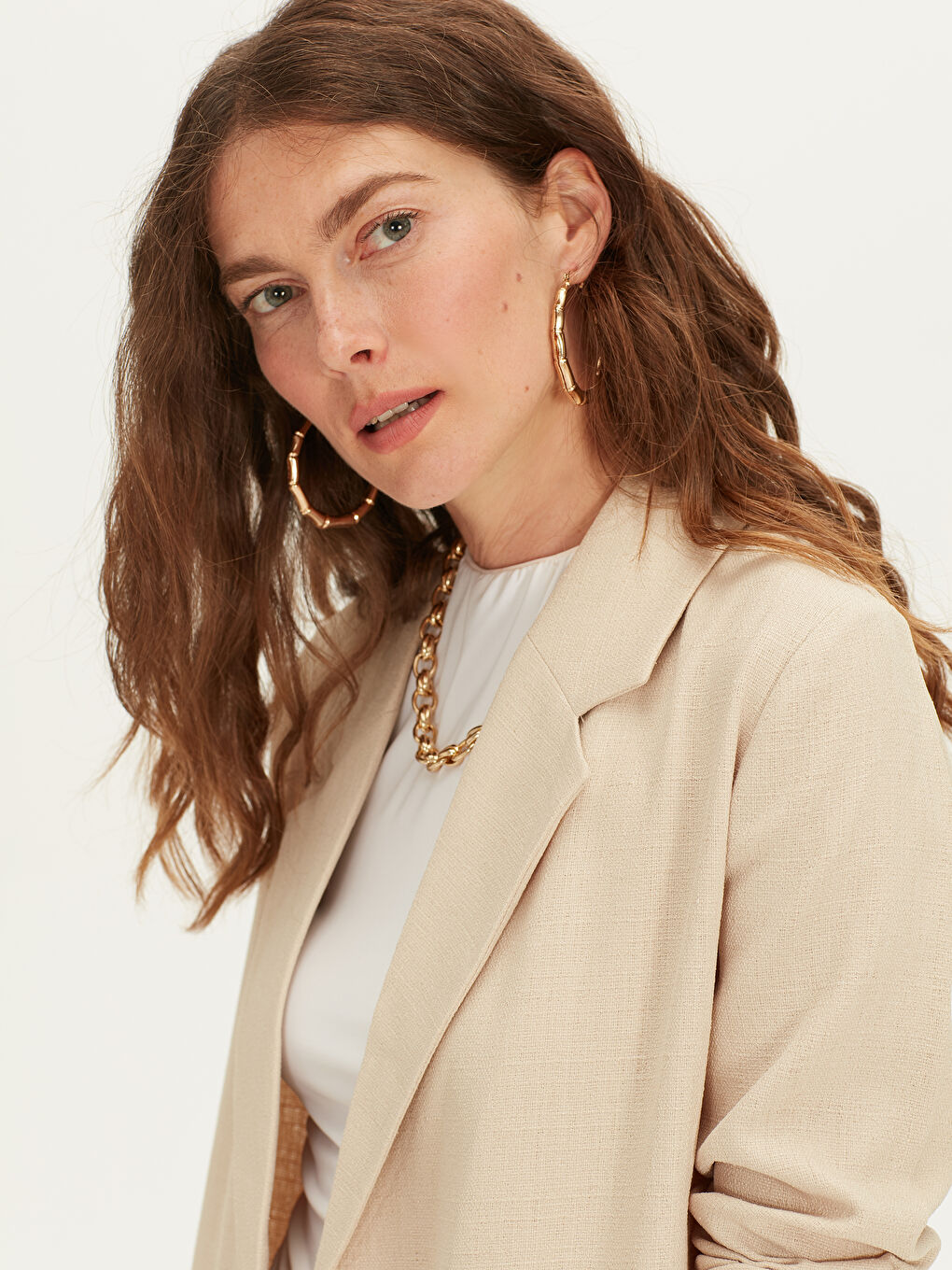 Bej Oversize Uzun Kollu Kadın Ceket-5