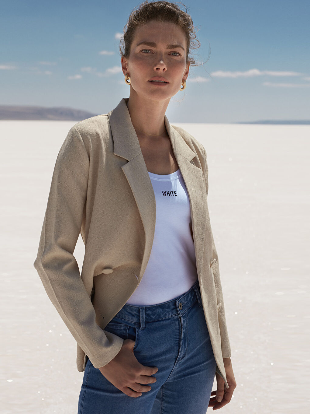 Bej Oversize Uzun Kollu Kadın Ceket