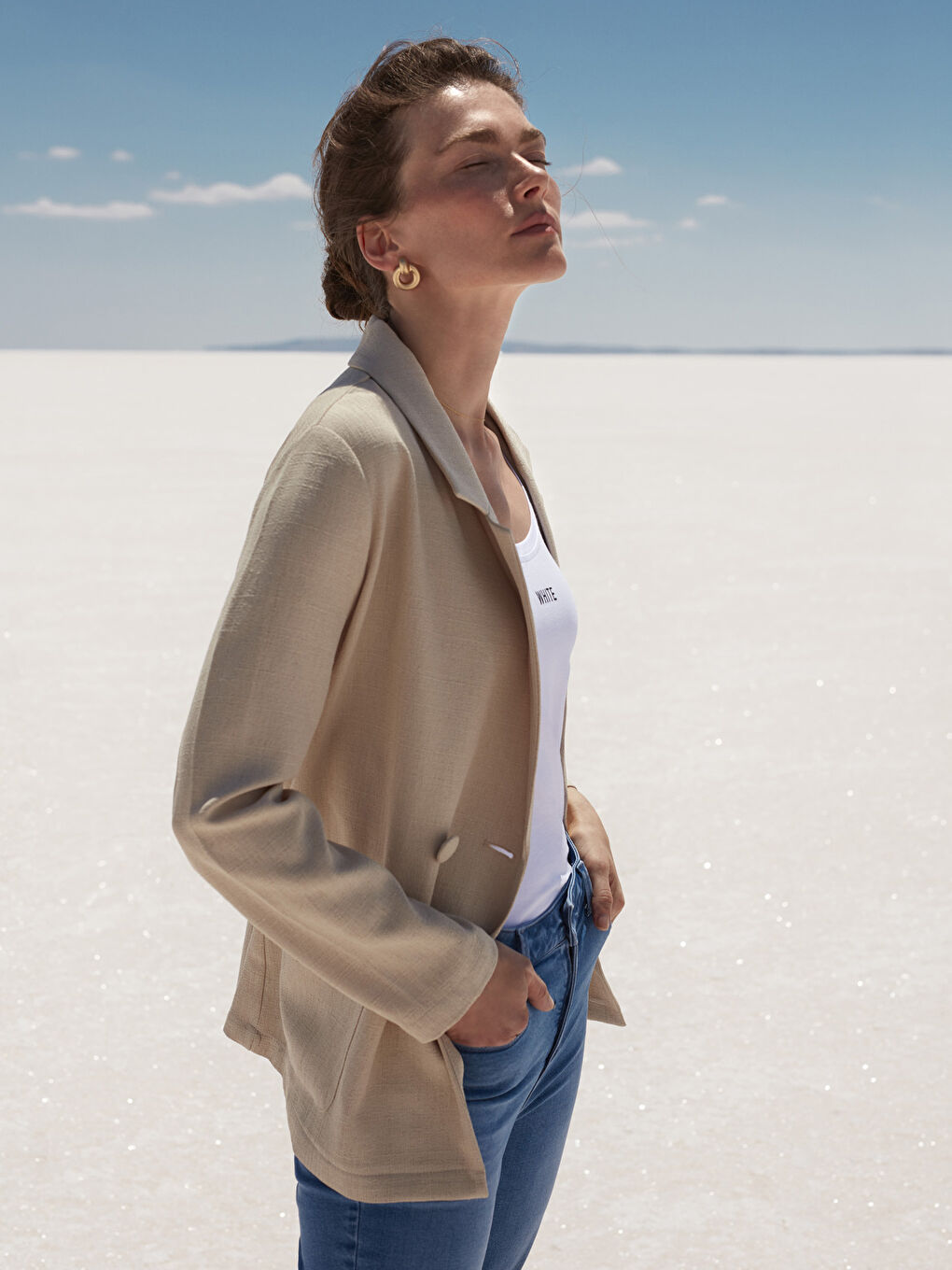 Bej Oversize Uzun Kollu Kadın Ceket-1