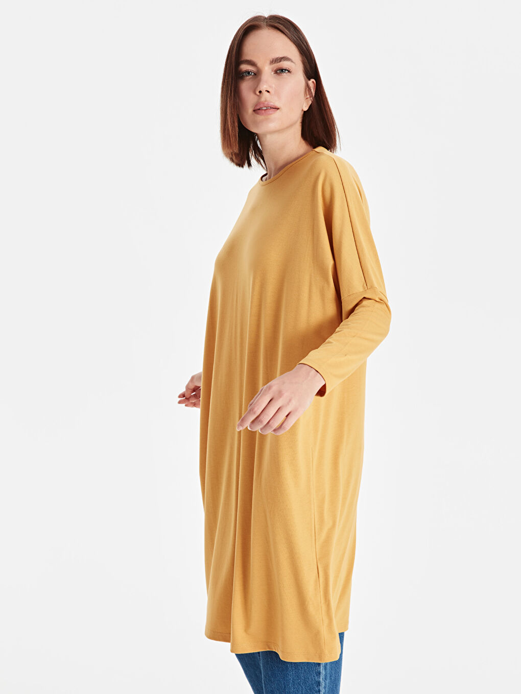 Sarı Bisiklet Yaka Düz Uzun Kollu Kadın Tunik-1