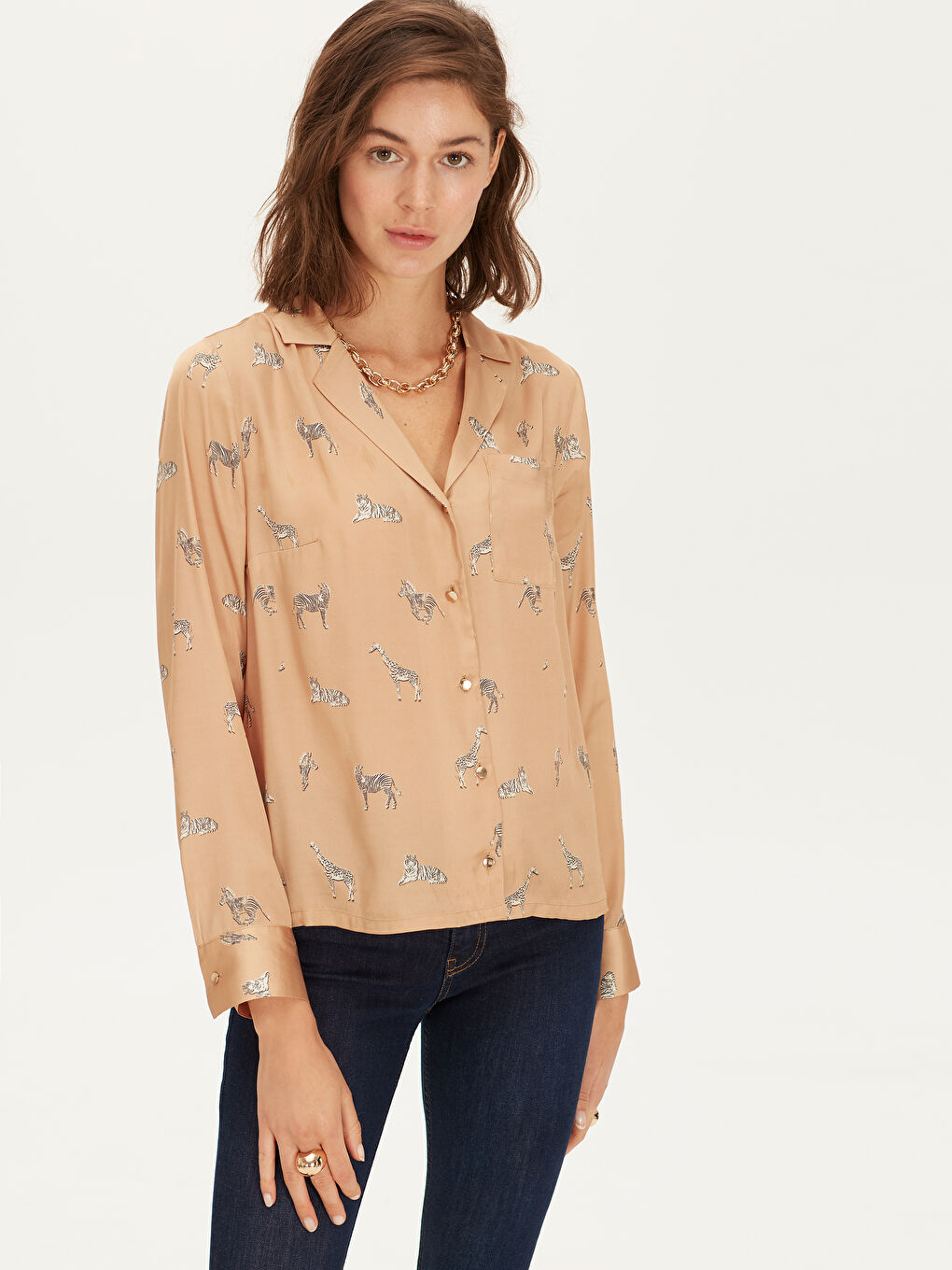 Kahverengi Deve Tüyü Baskılı Gömlek