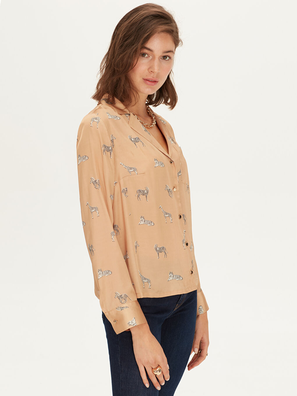 Kahverengi Deve Tüyü Baskılı Gömlek-1