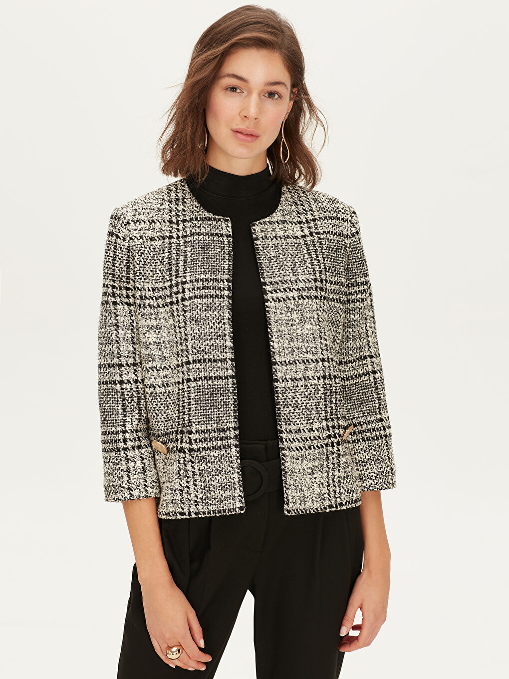 Lacivert Bisiklet Yaka Standart Fit Uzun Kollu Kadın Tüvit Ceket