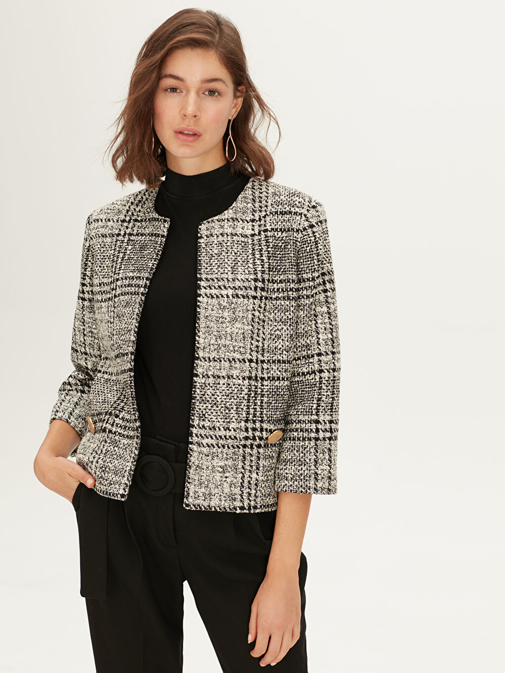 Lacivert Bisiklet Yaka Standart Fit Uzun Kollu Kadın Tüvit Ceket-1