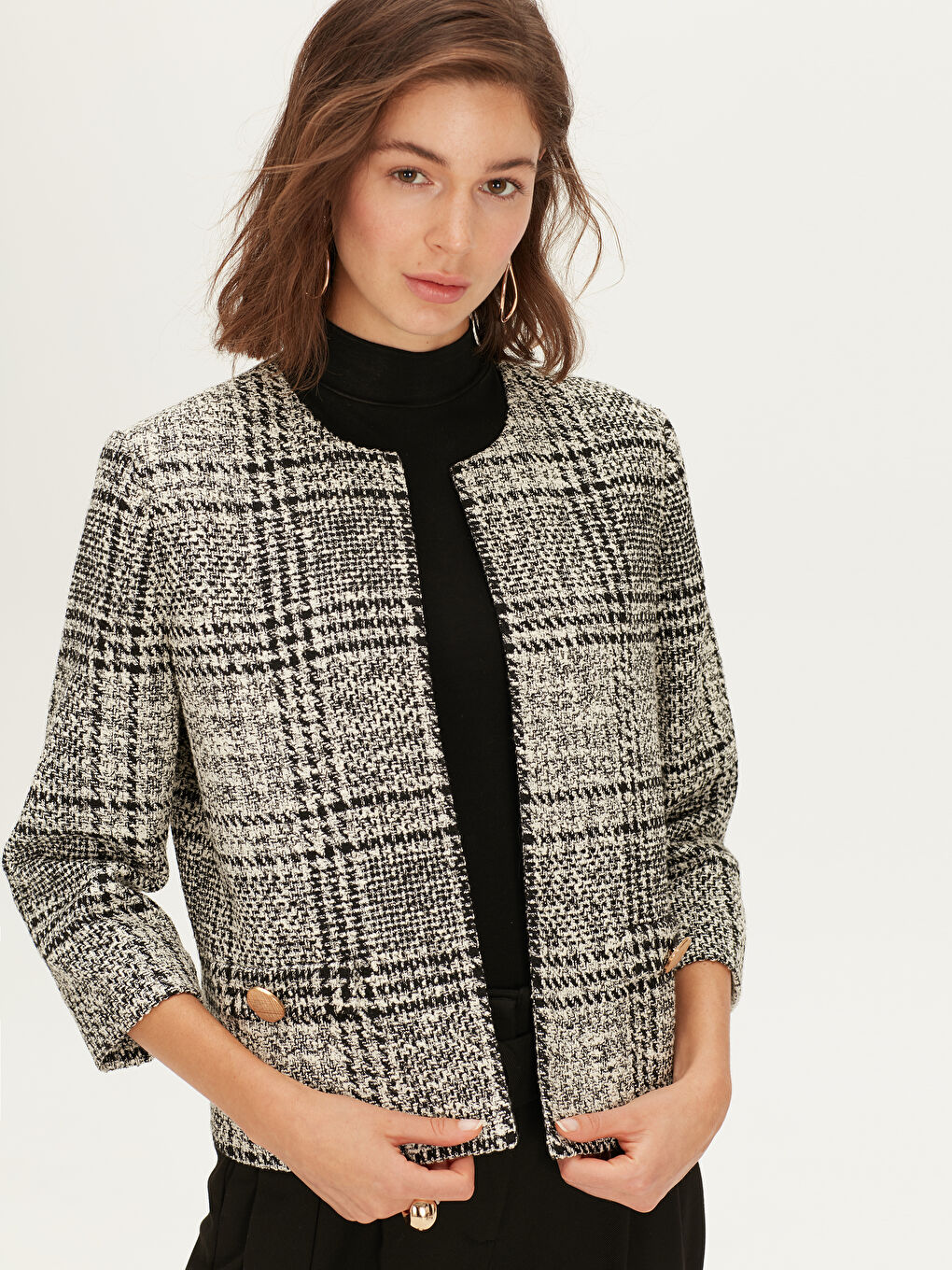 Lacivert Bisiklet Yaka Standart Fit Uzun Kollu Kadın Tüvit Ceket-2