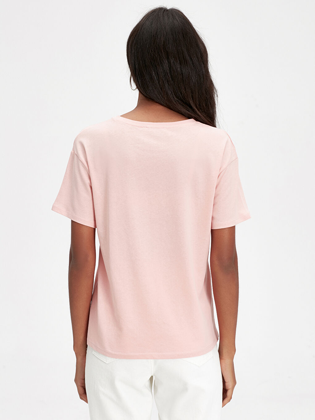 Pembe Bisiklet Yaka Kısa Kollu Kadın Tişört-2