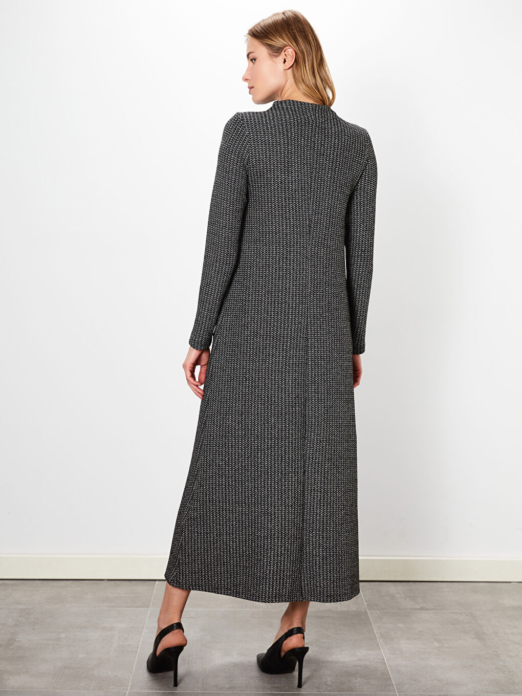 Siyah A Kesim Desenli Uzun Kollu Kadın Elbise-2