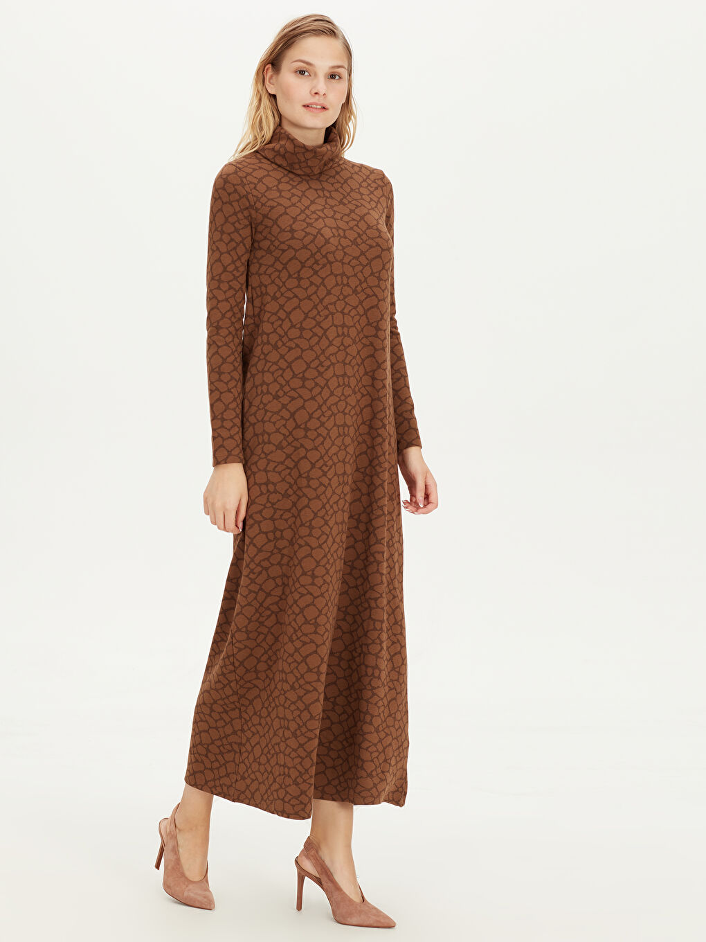 Kahverengi Standart Fit Uzun Kollu Penye Kadın Elbise-1