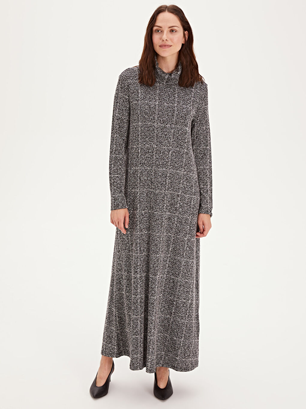 Ekru Standart Fit Uzun Kollu Penye Kadın Elbise-1