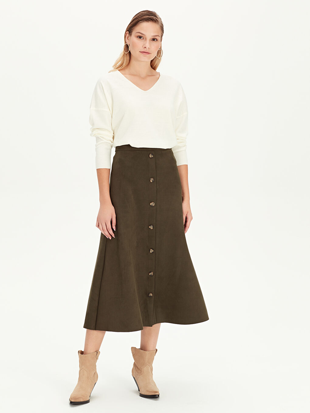 Haki Dar Fit Süet Kadın Etek