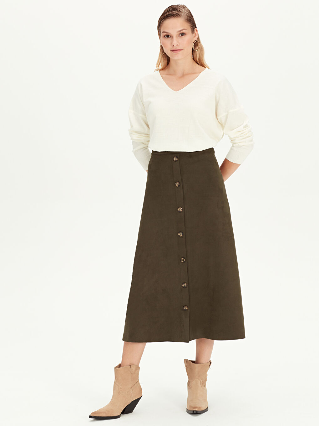 Haki Dar Fit Süet Kadın Etek-1