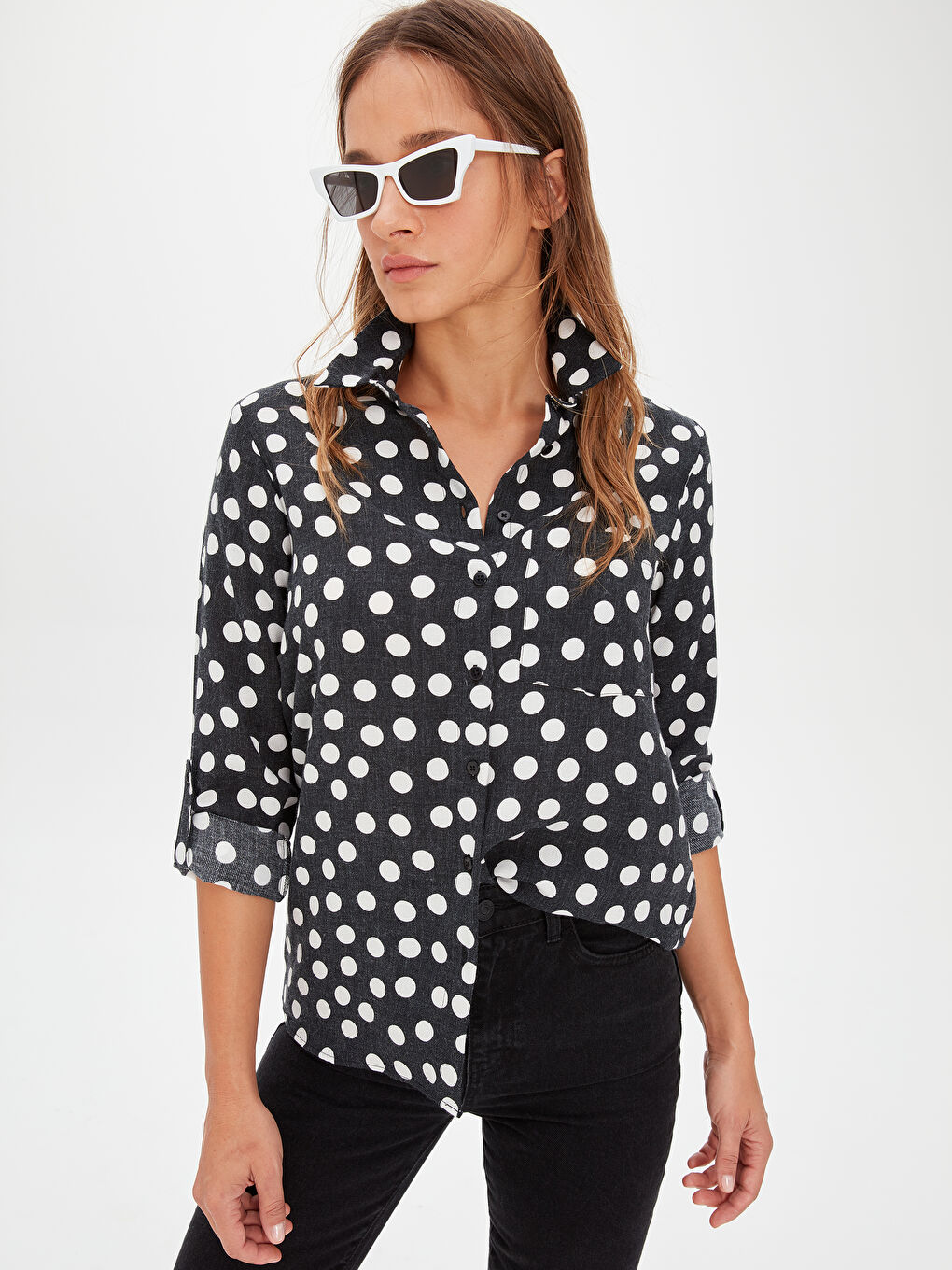 Siyah Gömlek Yaka Standart Fit Uzun Kollu Kadın Gömlek