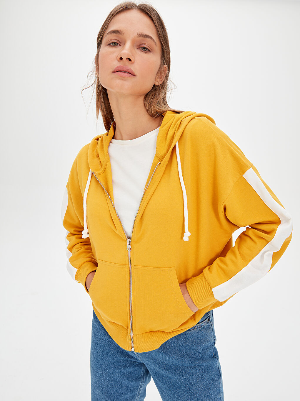 Sarı Kapüşonlu Sweatshirt Kumaşı Kadın Spor Hırka