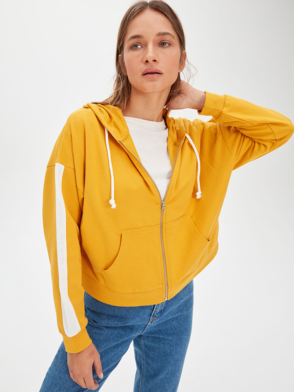 Sarı Kapüşonlu Sweatshirt Kumaşı Kadın Spor Hırka-1