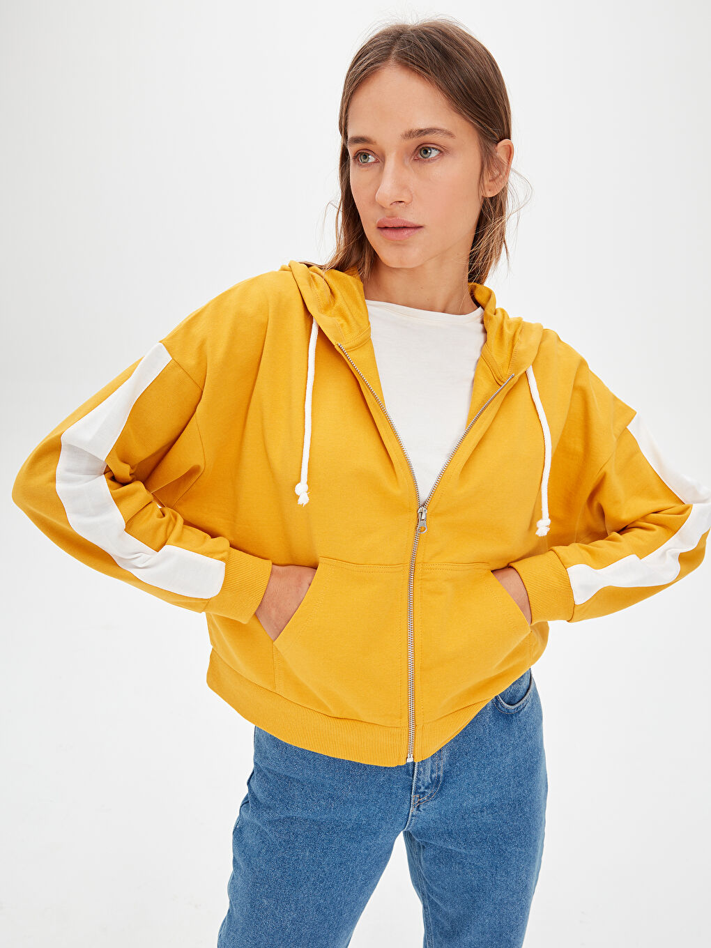 Sarı Kapüşonlu Sweatshirt Kumaşı Kadın Spor Hırka-2