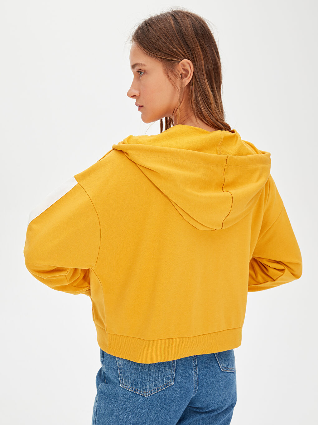 Sarı Kapüşonlu Sweatshirt Kumaşı Kadın Spor Hırka-3