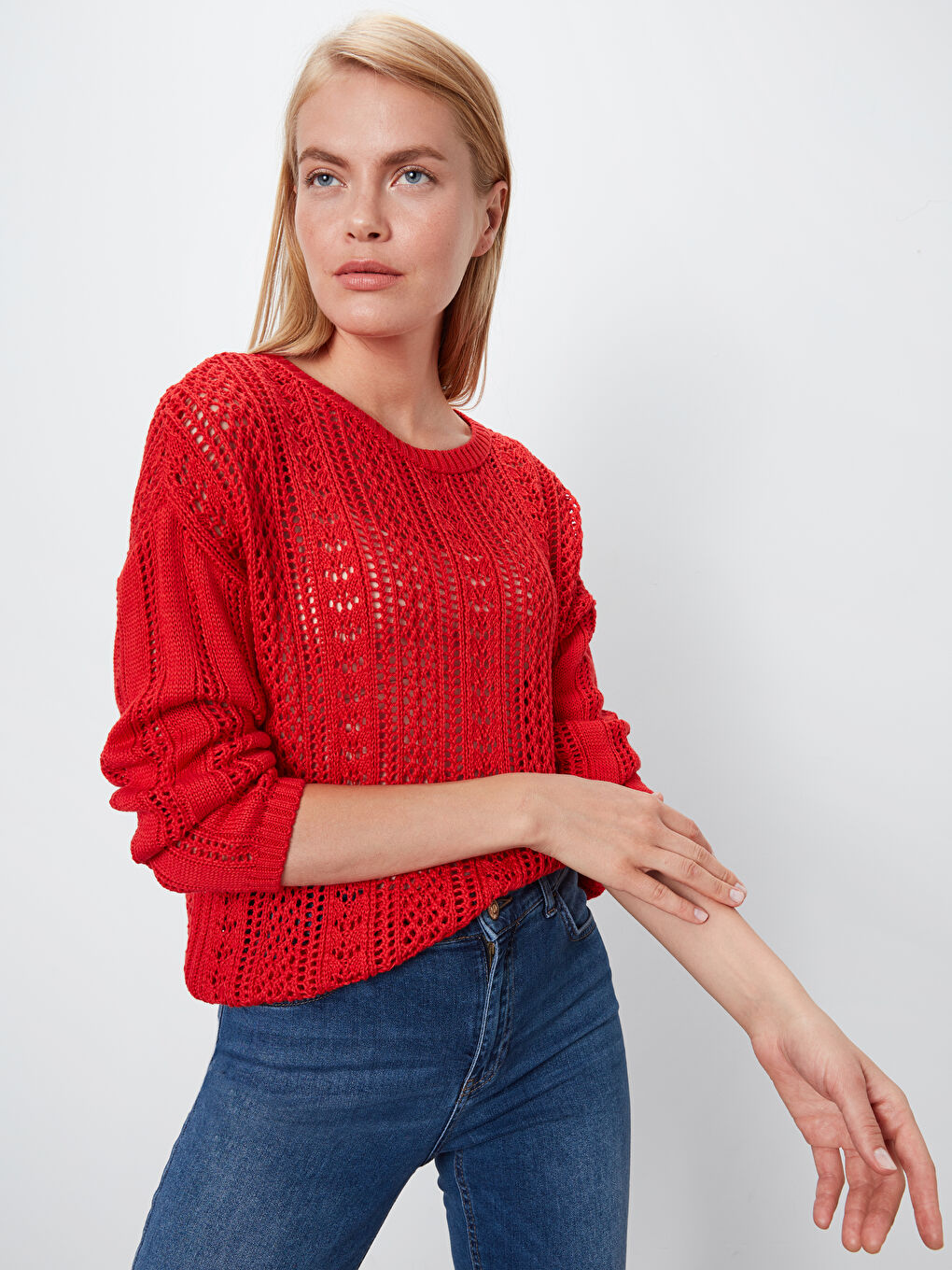 Kırmızı Bisiklet Yaka Uzun Kollu Kadın Kazak-1