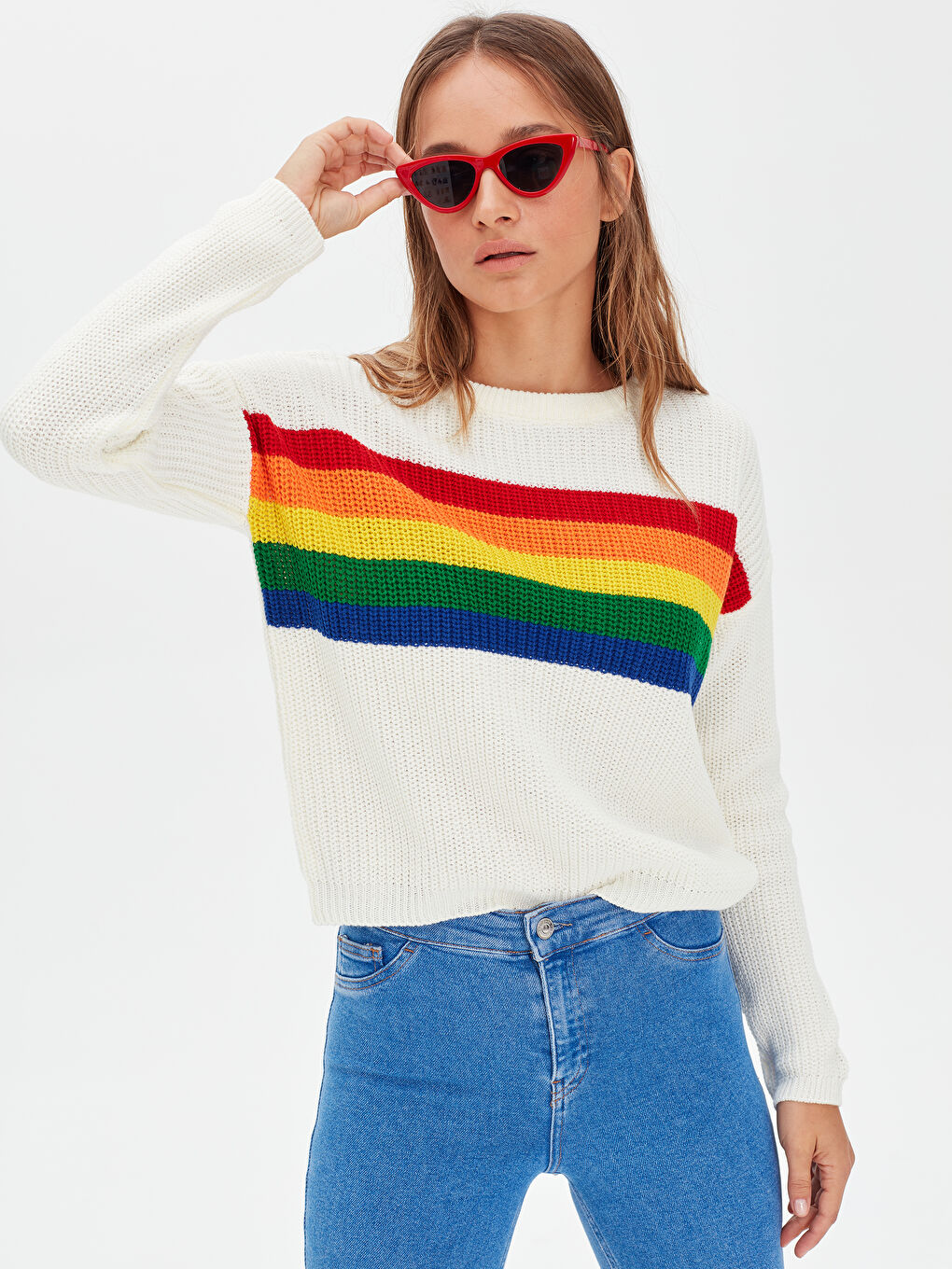 Ekru Bisiklet Yaka Uzun Kollu Kadın Kazak