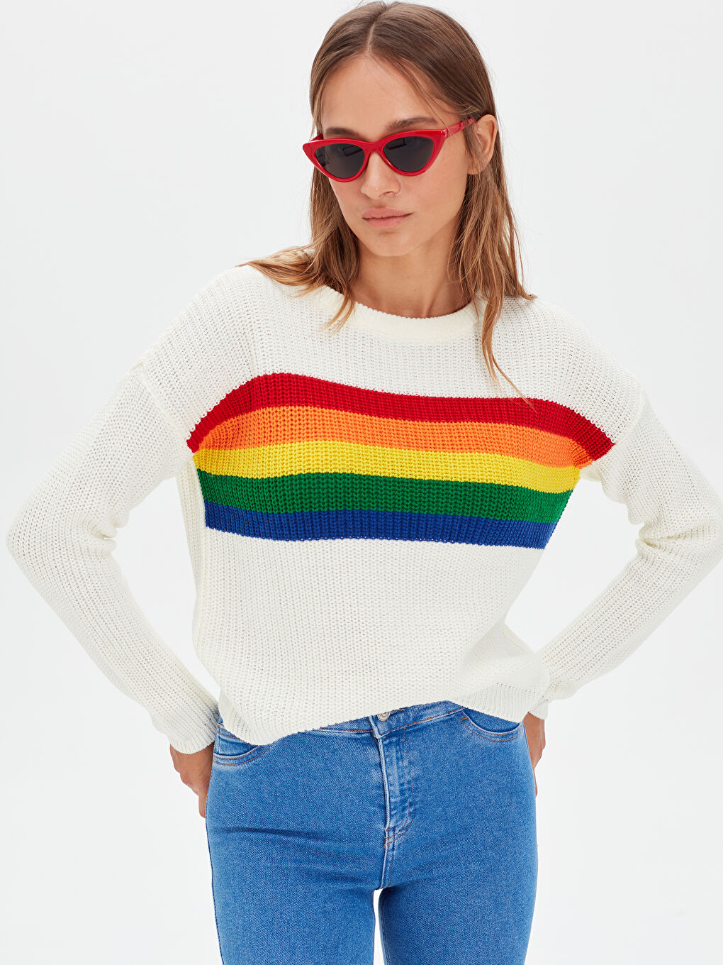 Ekru Bisiklet Yaka Uzun Kollu Kadın Kazak-1