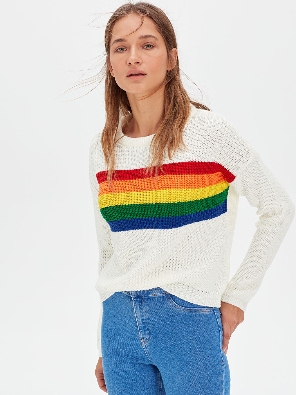 Ekru Bisiklet Yaka Uzun Kollu Kadın Kazak-2