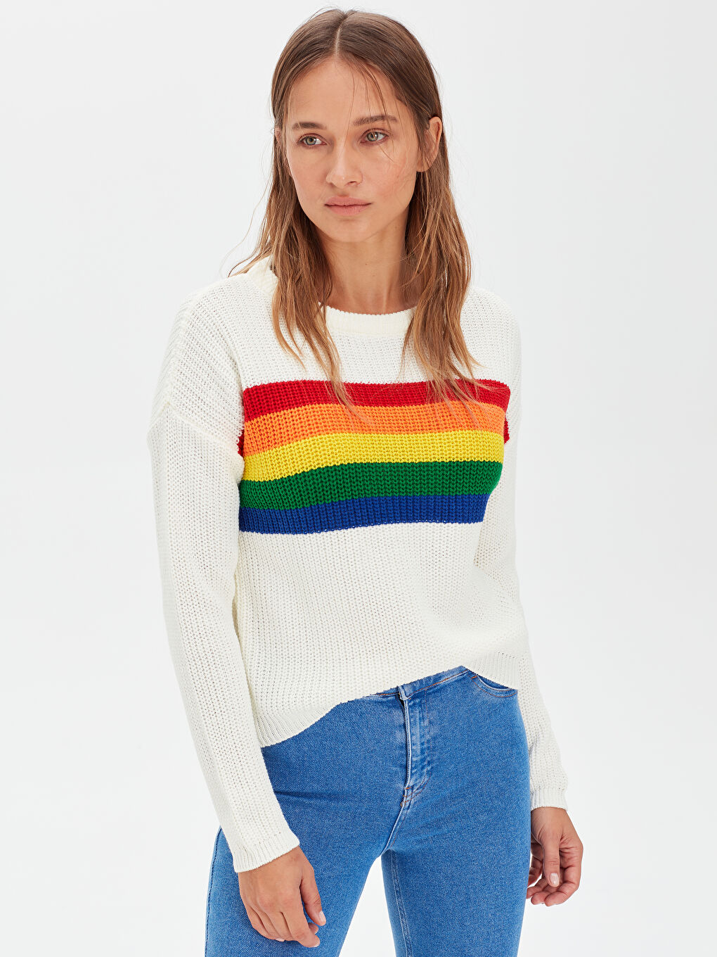 Ekru Bisiklet Yaka Uzun Kollu Kadın Kazak-3