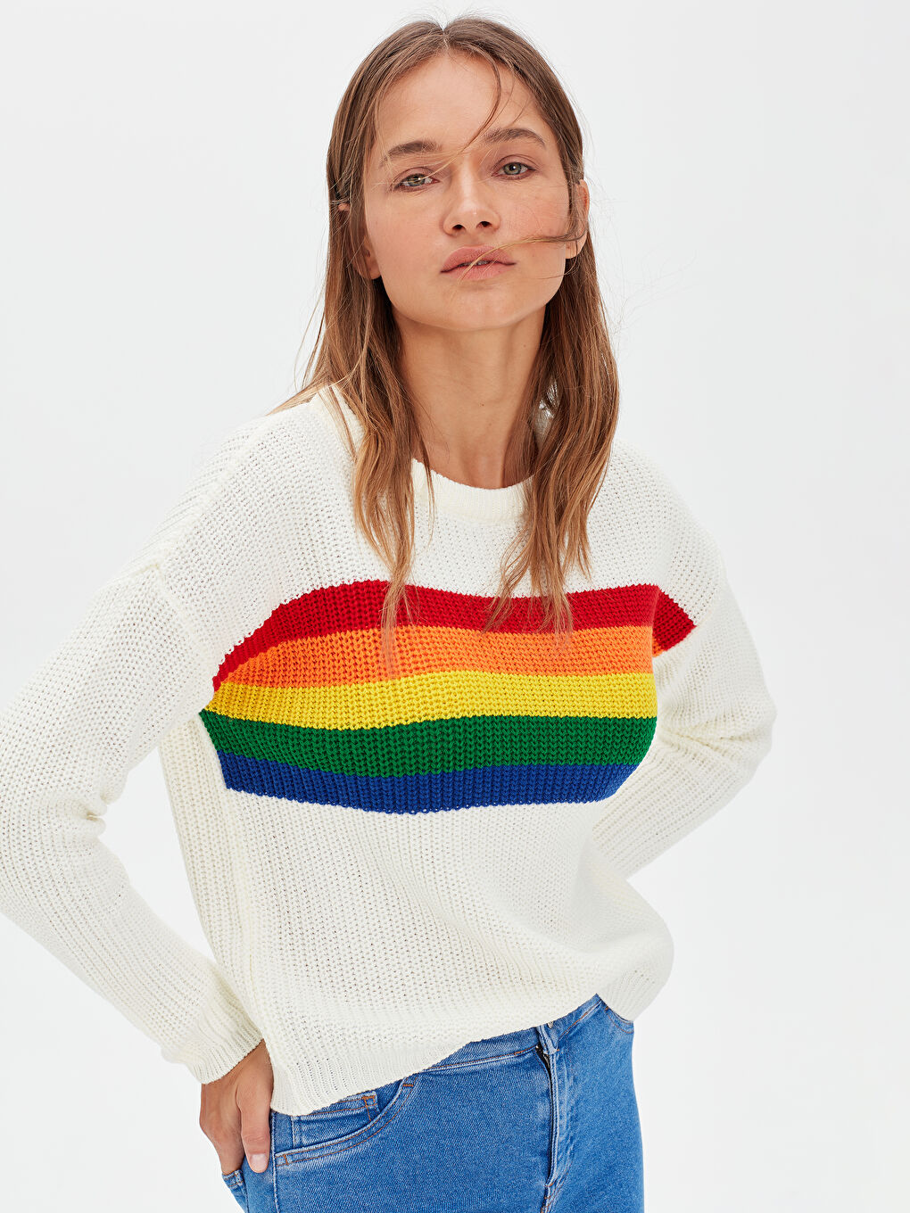 Ekru Bisiklet Yaka Uzun Kollu Kadın Kazak-4