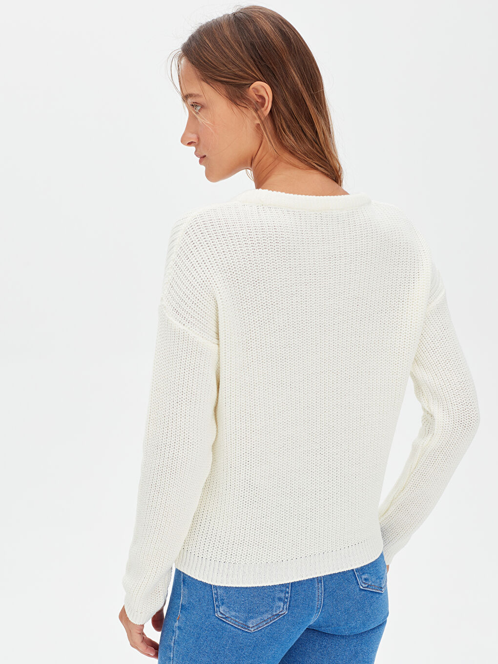 Ekru Bisiklet Yaka Uzun Kollu Kadın Kazak-5