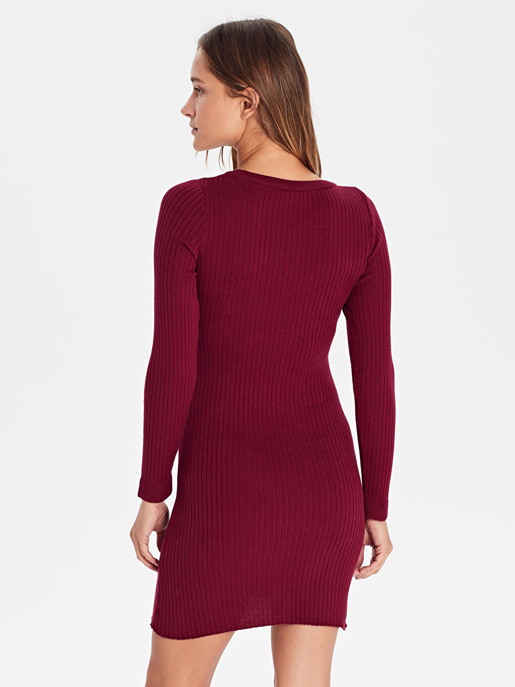 Bordo Esnek Mini Triko Uzun Kollu Kadın Elbise-2