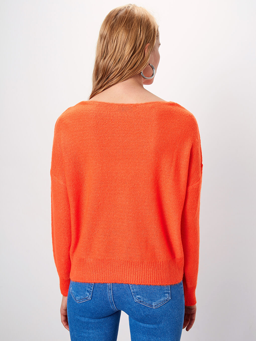 Turuncu V Yaka Saç Örgüsü Desenli Kadın Triko Kazak-3