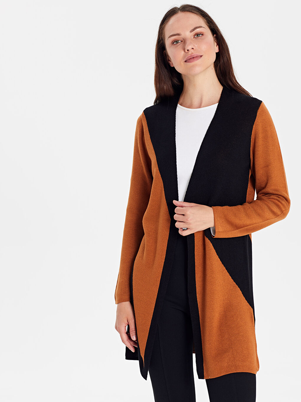 Kahverengi Blok Çizgili Uzun Kollu Kadın Triko Hırka