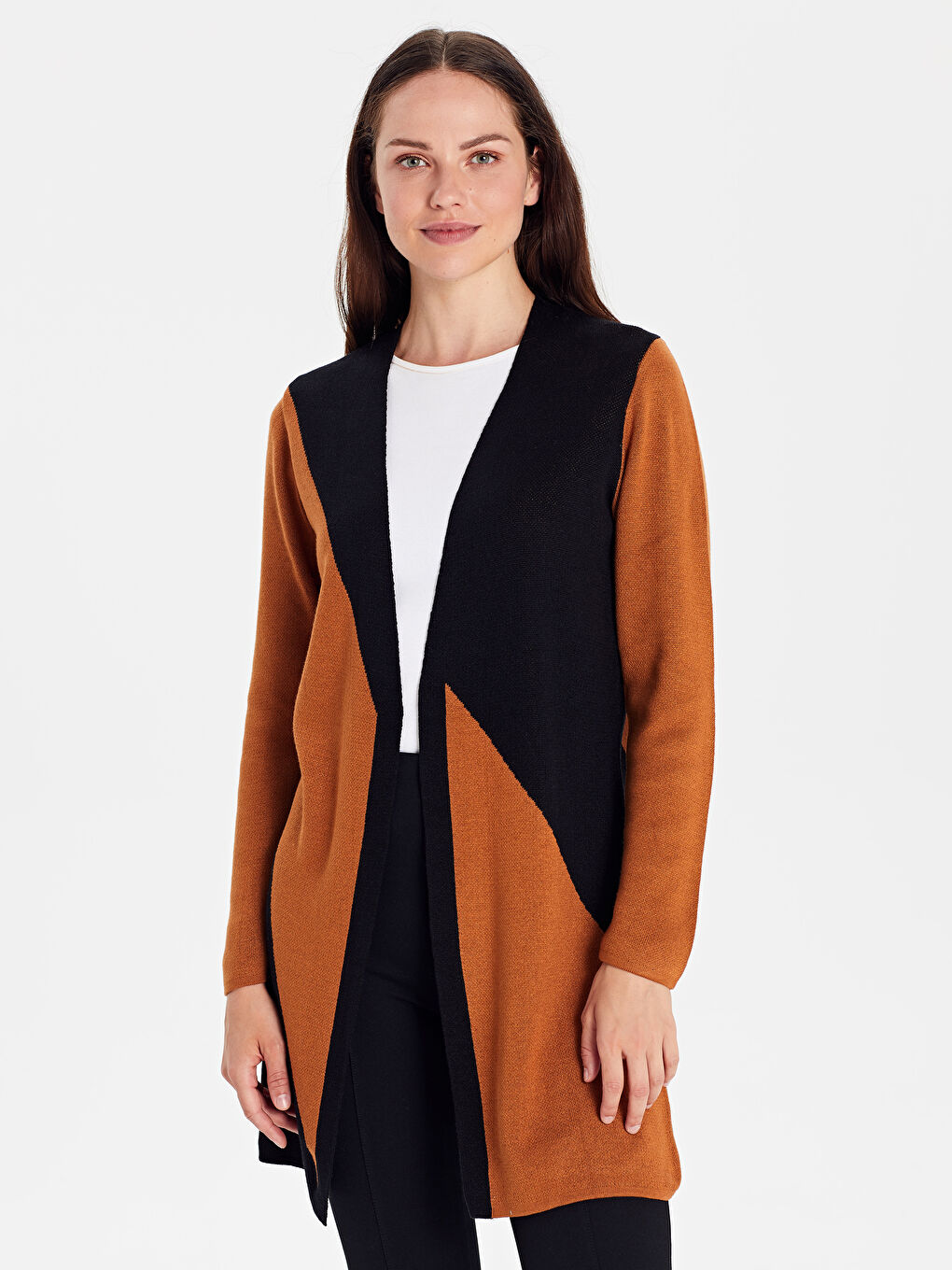 Kahverengi Blok Çizgili Uzun Kollu Kadın Triko Hırka-1