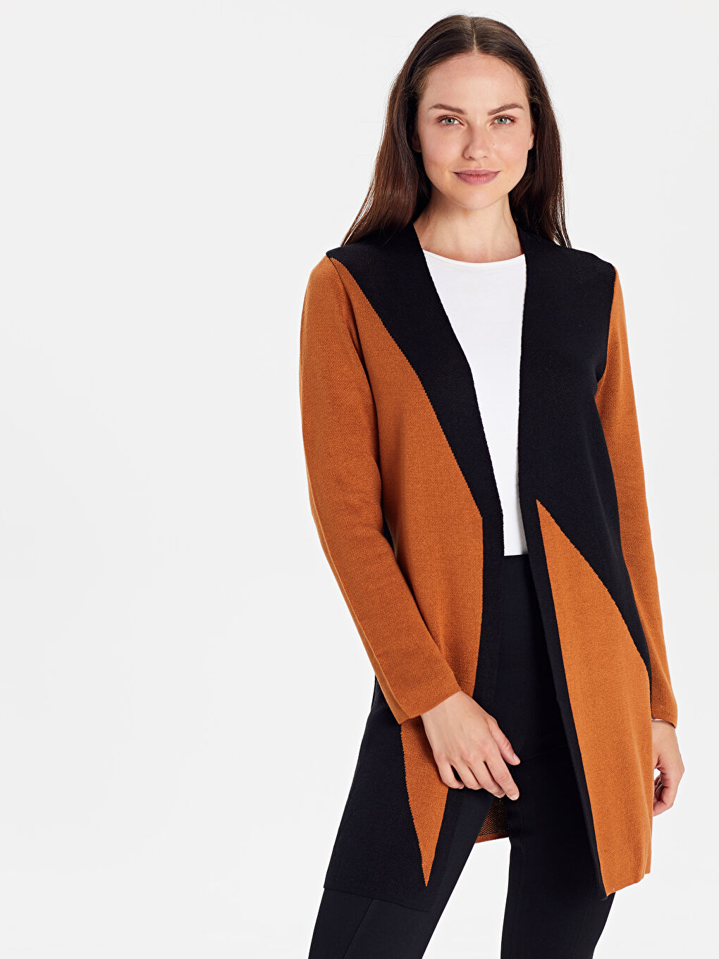 Kahverengi Blok Çizgili Uzun Kollu Kadın Triko Hırka-2