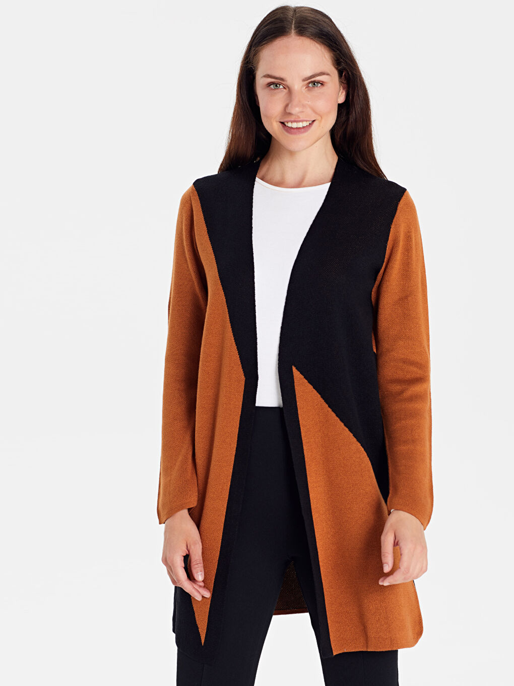 Kahverengi Blok Çizgili Uzun Kollu Kadın Triko Hırka-3