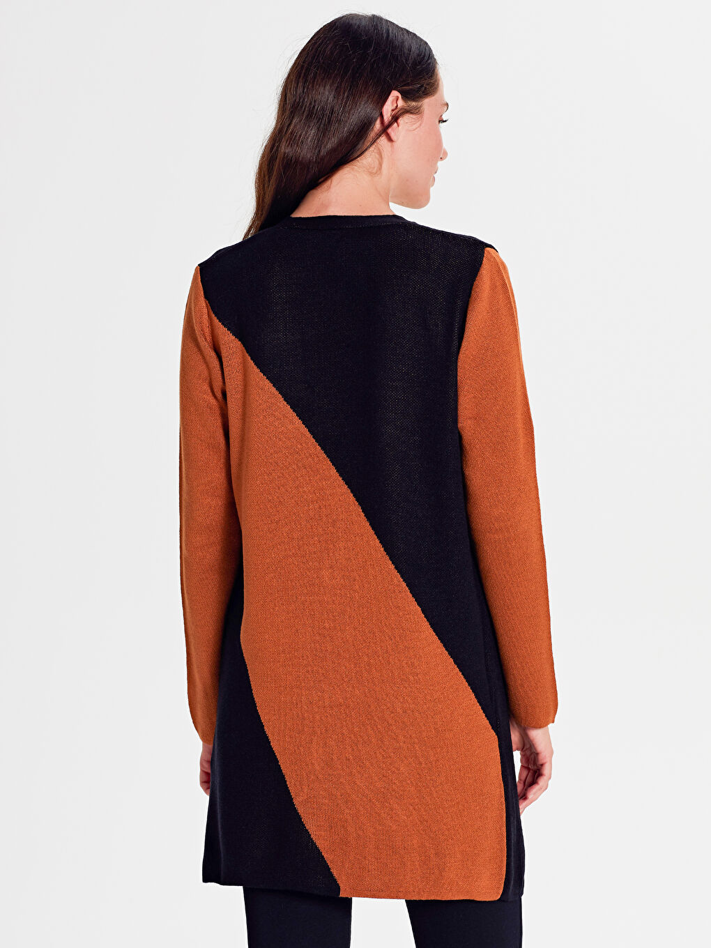 Kahverengi Blok Çizgili Uzun Kollu Kadın Triko Hırka-4