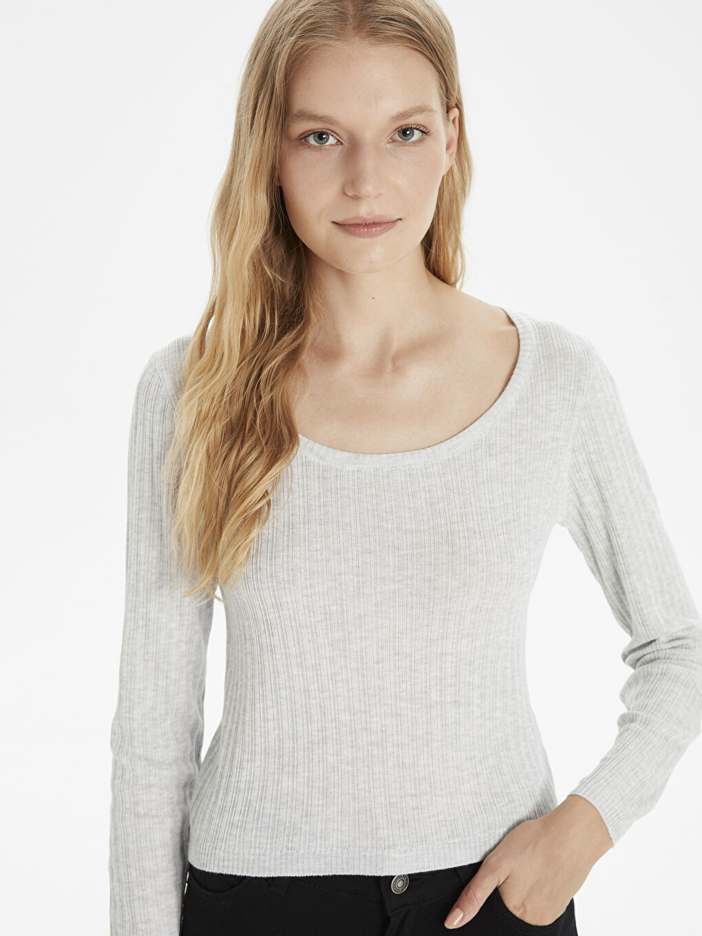 Gri Bisiklet Yaka Uzun Kollu Kadın Kazak-1